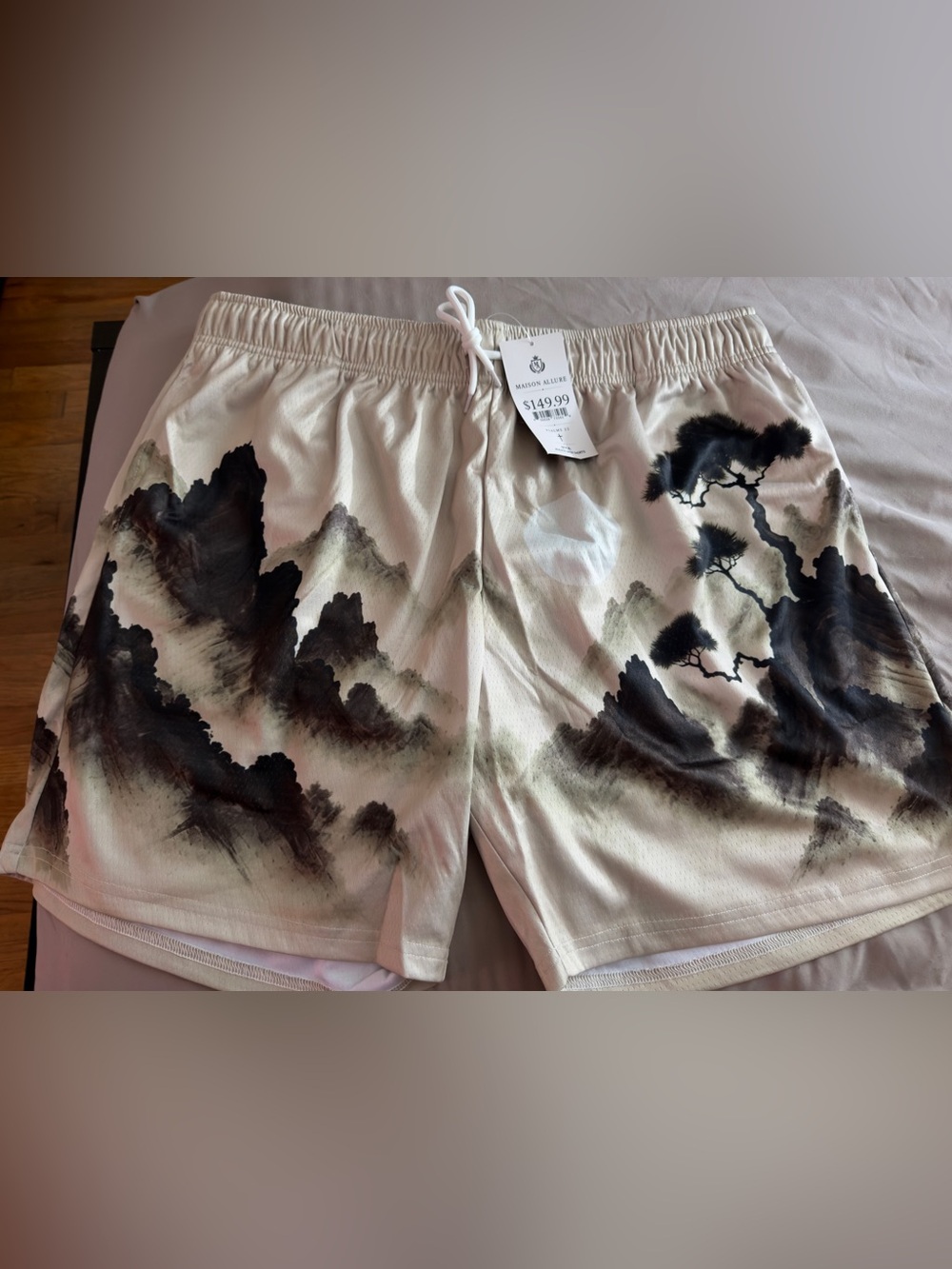 Allure Cream Athletic Shorts with Ink Mountain Print